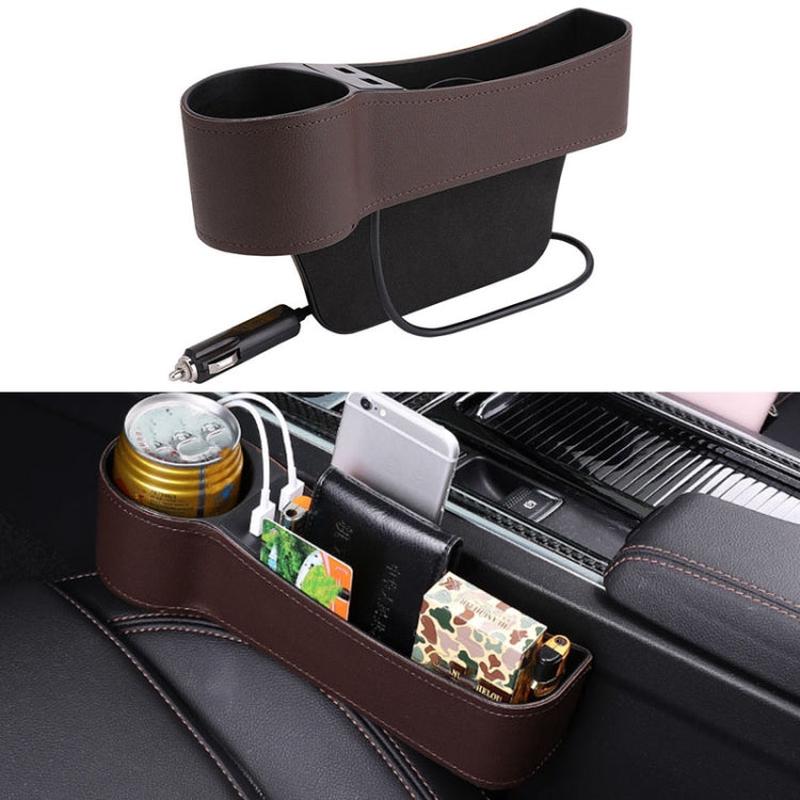 Car Multi-functional Driver Seat Console PU Leather Box Cigarette Lighter Charging Pocket Cup Holder Seat Gap Side Storage Box