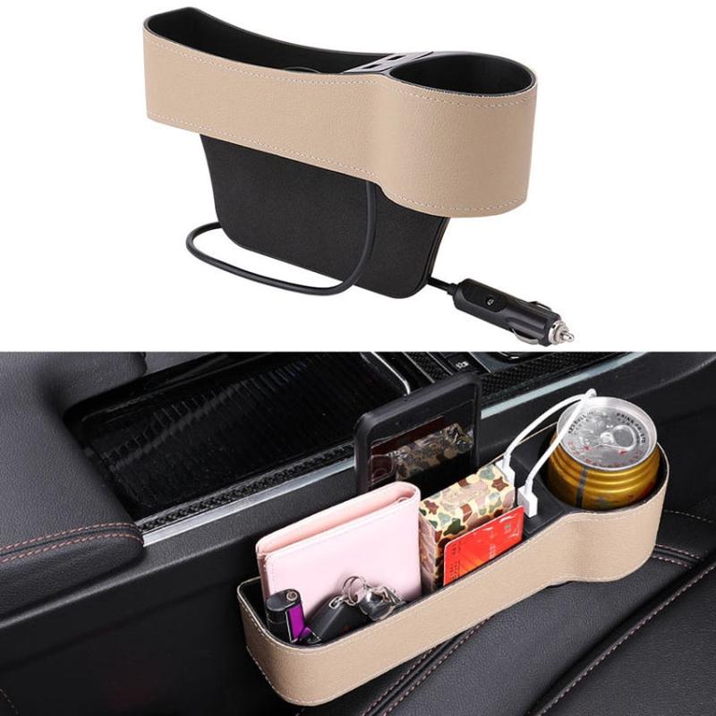 Car Multi-functional Co-pilot Seat Console PU Leather Box Cigarette Lighter Charging Pocket Cup Holder Seat Gap Side Storage Box