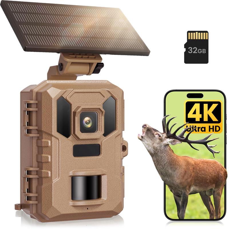 Wildlife Camera - 4K 64MP WiFi Trail Cameras With Night Vision Motion Activated Waterproof IP66 with 32GB SD Card, Garden Camera Solar Power, Built-in Rechargeable Battery, 0.2s Trigger