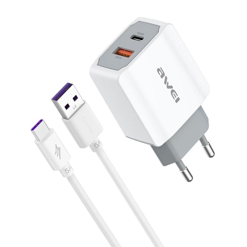 awei PD4 20W PD Type-C + QC 3.0 USB Interface Fast Charging Travel Charger with Data Cable, EU Plug