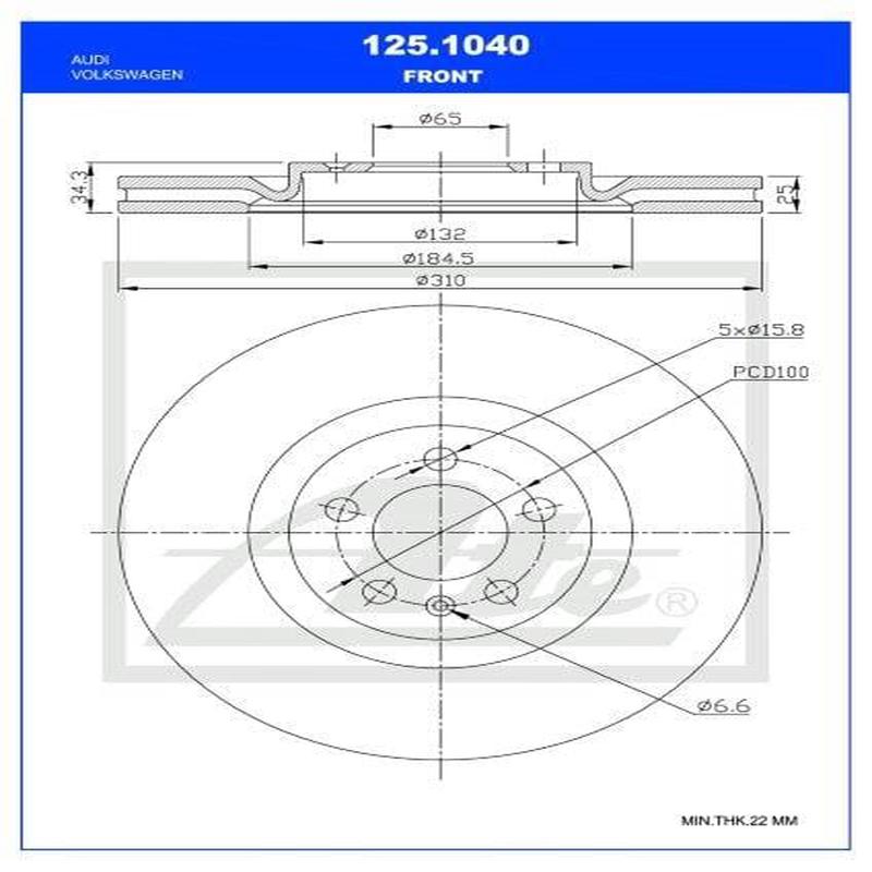 Brake Disc Front Audi A1 1.0,1.4,1.8Tfsi,S1/Vw Polo 1.0,1.4,1.8Tfsi Single (Ate 125-1040)
