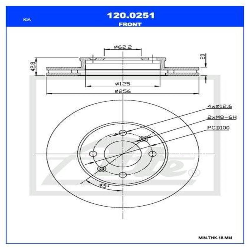 Brake Disc Front Kia Picanto (Ja) G3La,G3Ld,G4La,G4Lf Single (Ate 120-0251)