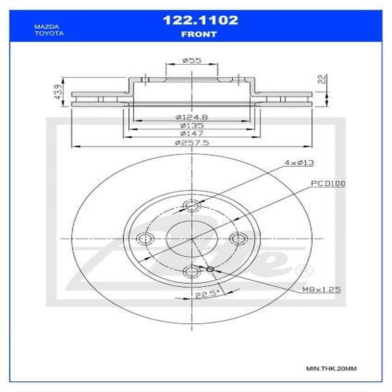 Brake Disc Front Mazda 2 1.5 /Toyota Yaris Single (Ate 122-1102)