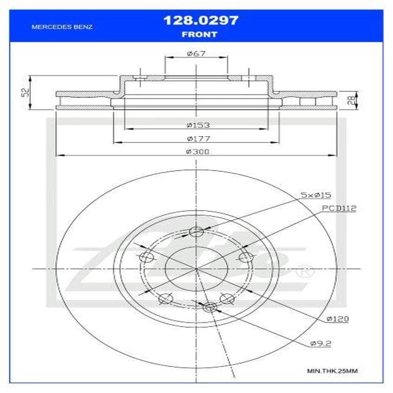 Brake Disc Front Mercedes Vito,Marco Polo 180Cdi Single (Ate 128-0297)