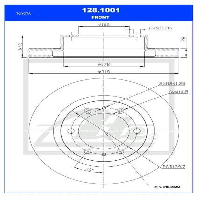 Brake Disc Vented Front Toyota Fortuner 2Tr,1Gr,2Gd,1Gd/Fj Cruiser 4.0 1Gr-Fe Single (Ate 128-1001)