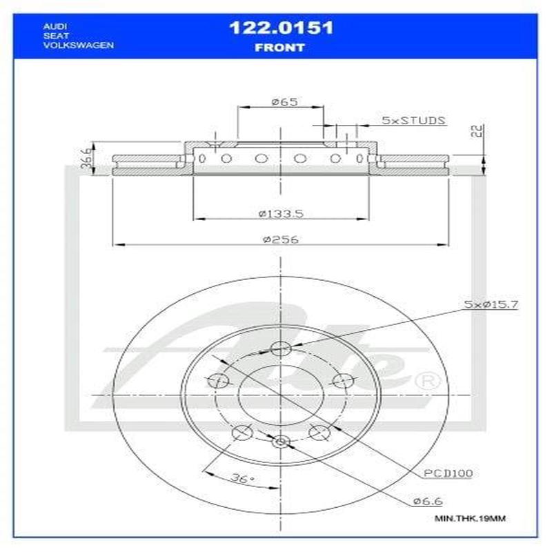 Brake Disc Vented Front Vw Polo (9N & Vivo)/ Audi A1,A3,Tt 8X1/L1,8N3 Single (Ate 122-0151)