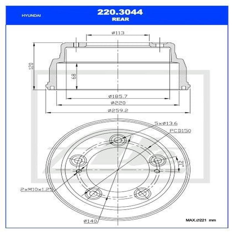 Brake Drum Rear Hyundai H1/H100 2.5Crdi Single (Ate 220-3044)