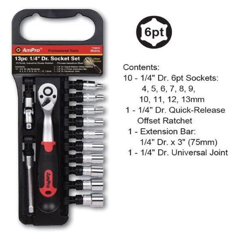13Pc 1/4 Drive Socket Set- Metric (4-14Mm) AMPRO T45040