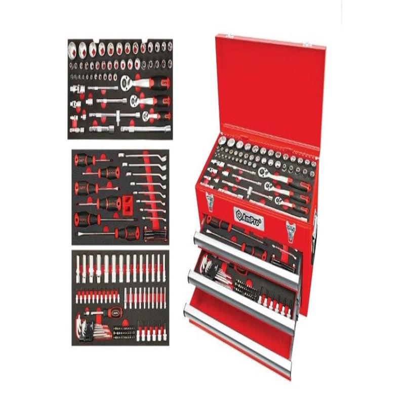 166Pc 1/43/81/2 Drive 3-Drawer Bolt-Fit Set AMPRO T52722