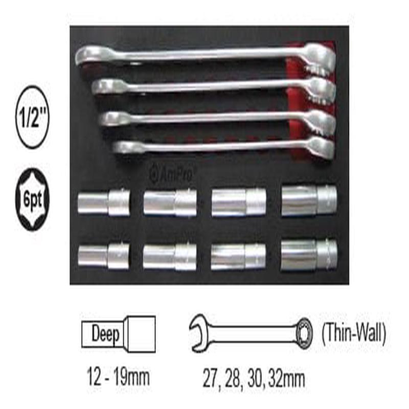 12Pc 1/2 Drive Deep Socket & Combination Wrench Set (Foam Tray) AMPRO T40198